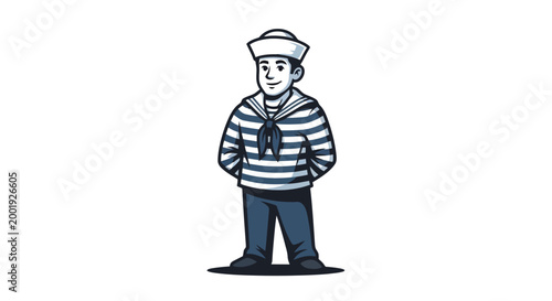 Cartoon illustration of a smiling male sailor in a traditional blue and white striped uniform with a sailor hat and scarf, standing with hands behind his back.