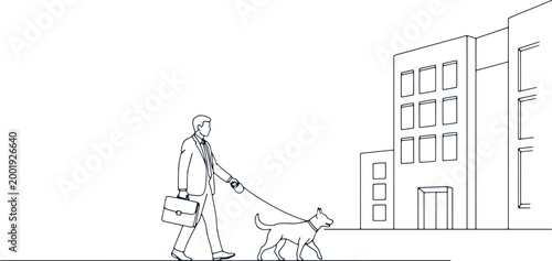 Man in suit walking dog on leash in city with buildings and briefcase, urban lifestyle.