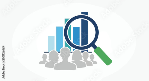 magnifying glass over bar chart and people silhouettes