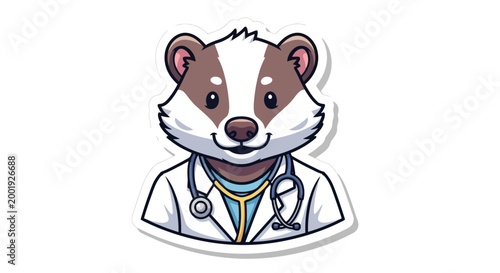 Cute cartoon badger character dressed as a doctor with a stethoscope, a friendly animal mascot for healthcare or veterinary services.