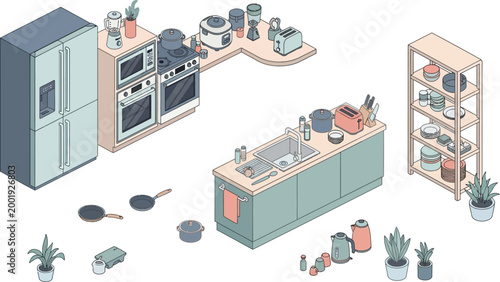 Isometric kitchen interior set with modern appliances furniture and cooking utensils in a clean flat vector illustration design format