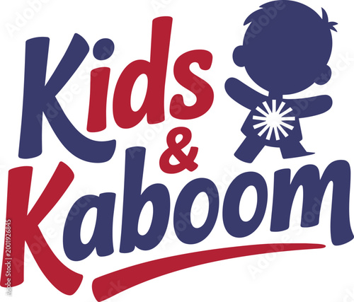 Playful typography vector illustration with words kids and kaboom and a boy silhouette design style