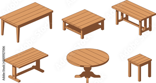 Isometric wooden table collection featuring various dining and coffee table designs in a flat vector illustration set for interior design
