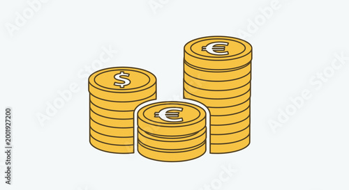 stacks of coins with dollar and euro symbols