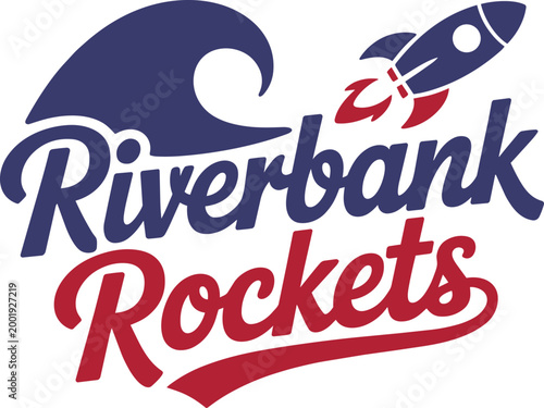Riverbank rockets typography with wave and rocket illustration with text art and script with font