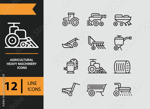 agricultural heavy machinery outline icons for farming equipment systems