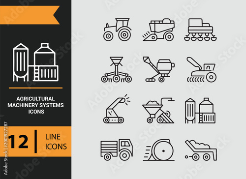 agricultural machinery systems outline icons for modern farming operations