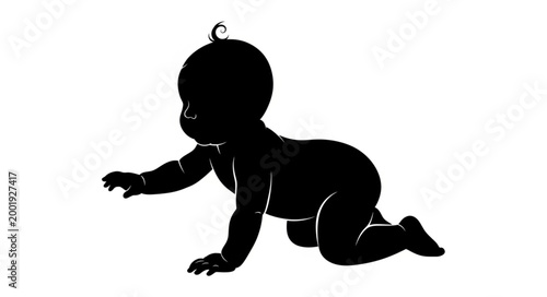 Foto Silhouette of Crawling Baby on White Background.
