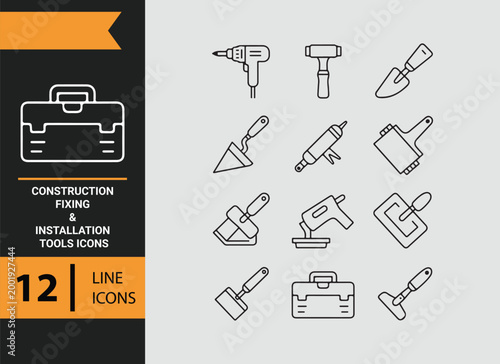 construction fixing installation tools outline icons for building equipment