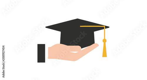 hand holding graduation cap in flat design style