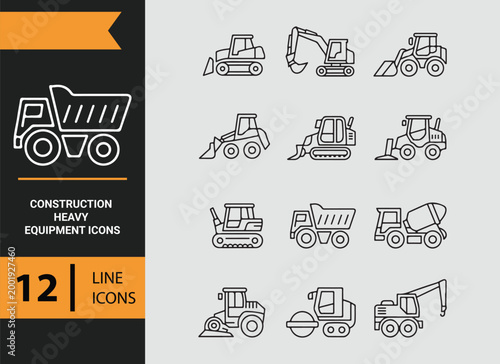 construction heavy equipment outline icons for large scale machinery