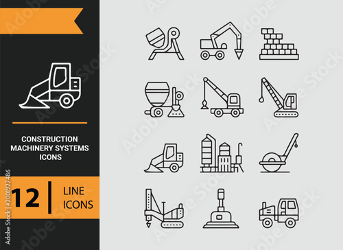 construction machinery systems outline icons for engineering and site work