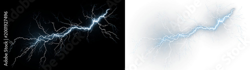 Bilde på lerret Blue and white bright lightning bolt isolated on transparent and black backgroun