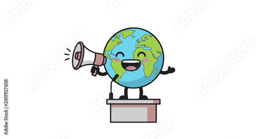 A cheerful cartoon Earth character stands on a podium, holding a megaphone and making an announcement, symbolizing global communication or environmental advocacy.