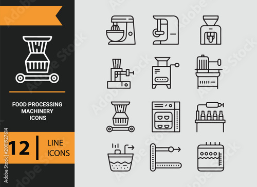 food processing machinery outline icons for factory production equipment