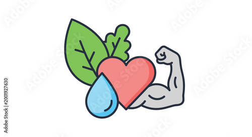 heart with leaf water drop and muscle arm vector illustration