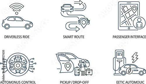 Autonomous Driving and Smart Mobility Icon Set, Flat Vector Collection Featuring Driverless Cars, Navigation Systems and Electric Vehicle Technology Concepts
