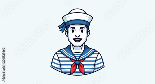 A cartoon illustration of a smiling young man dressed as a sailor, wearing a white hat and a striped shirt with a red ascot.