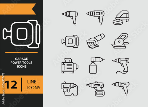garage power tools outline icons for workshop equipment and repair