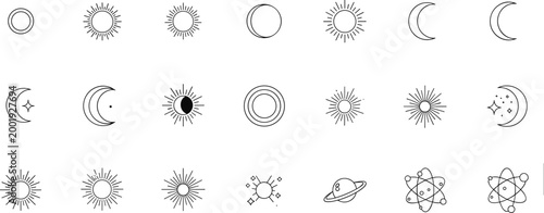 Celestial Bodies and Astronomy Icon Set, Minimal Line Vector Collection Featuring Sun, Moon Phases, Planets and Space Science Concepts