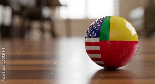 Small globe with flags of different countries the usa on a wooden floor lithuania international national education