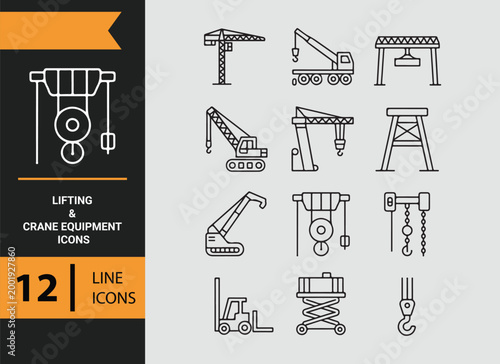 lifting crane equipment outline icons for hoisting and heavy loads