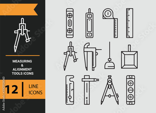 measuring alignment tools outline icons for precision engineering tasks