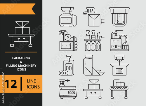packaging filling machinery outline icons for production line equipment