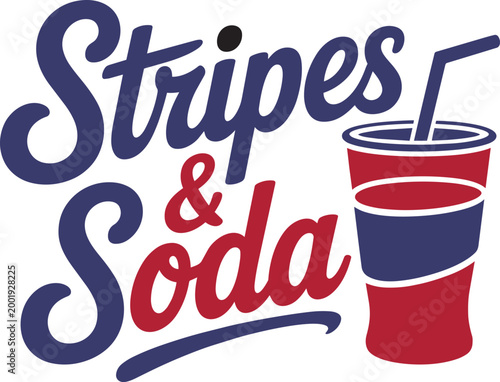 Stripes and soda typographic logo with patriotic beverage cup and straw graphic design element