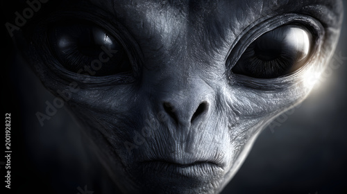 A highly detailed cinematic close-up of a classic grey alien with large dark reflective eyes and textured skin, capturing a mysterious and otherworldly expression in dramatic lighting.