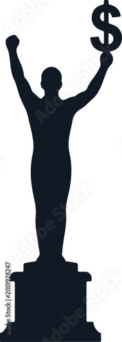 Silhouette of a winner holding dollar sign above head on podium, symbolizing success and financial achievement.