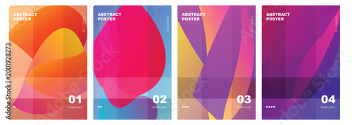 Collection of four vibrant abstract posters featuring bold organic shapes and overlapping transparency for modern artistic branding and creative print designs
