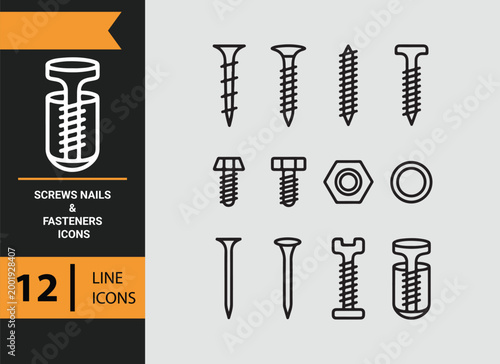 screws nails fasteners outline icons for hardware and construction supplies