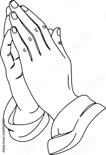 Line drawing of praying hands, gesture of hope and faith, religious or spiritual symbol.