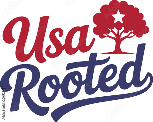 USA rooted typography with red tree and star emblem national pride with USA text july 4 and word