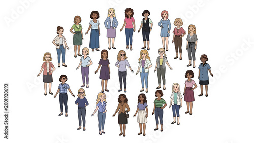 Diverse group of fashionable women standing together in a circular arrangement