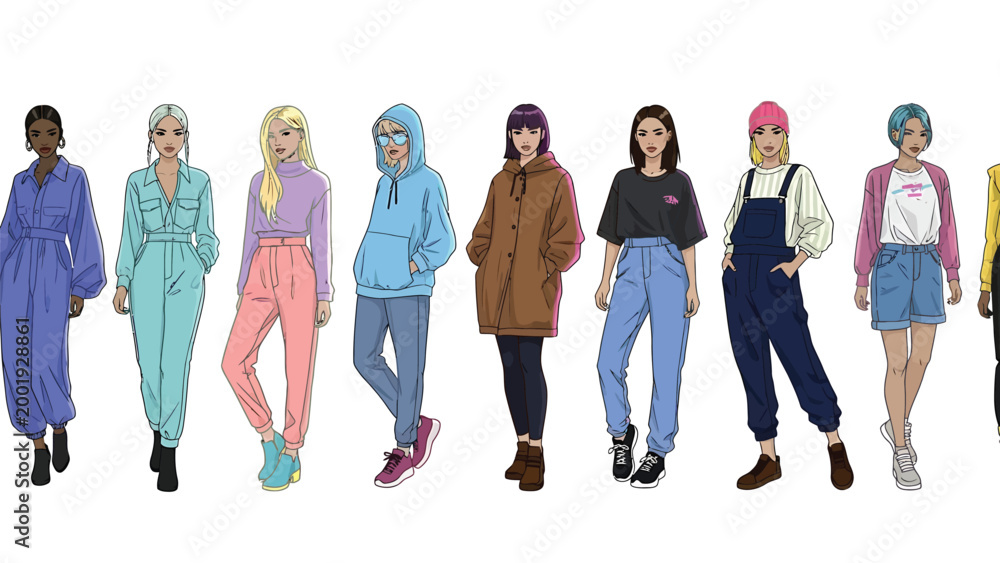 Fototapeta premium Fashion illustration lineup diverse styles and outfits for modern individuals