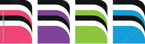 A set of four modern arched logo templates featuring a striped pattern design. Each logo uses a unique color including pink purple green and blue with a black and white aesthetic for a clean Vector