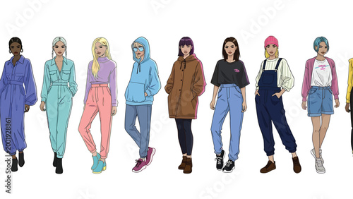 Fashion illustration lineup diverse styles and outfits for modern individuals