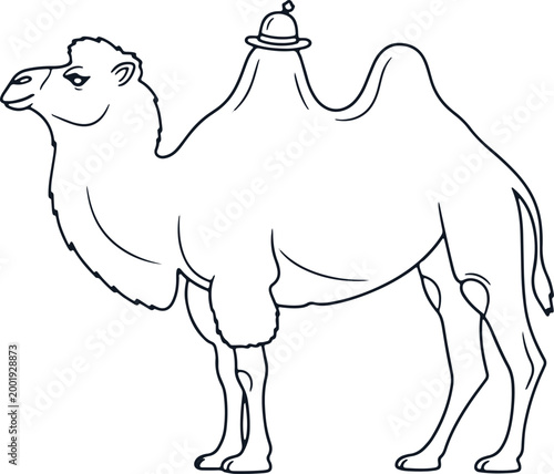 Camel with small hat on hump, desert animal outline, travel and journey concept, nomadic life symbol, simple line art.