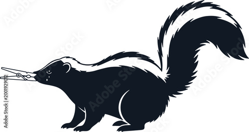 Silhouette of skunk with clothes pin on nose isolated on transparent background funny cartoon illustration.
