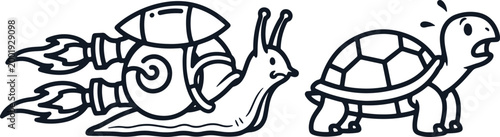 Rocket snail and turtle racing vector cartoon isolated on transparent background funny speed concept.