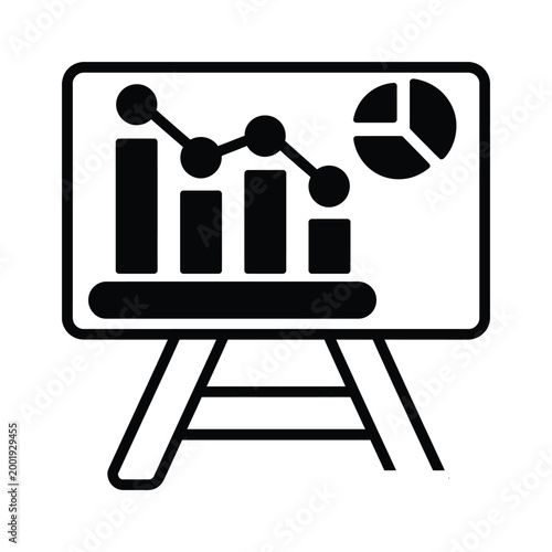 Business presentation board featuring bar chart and pie chart analysis icons on easel stand isolated on transparent background.