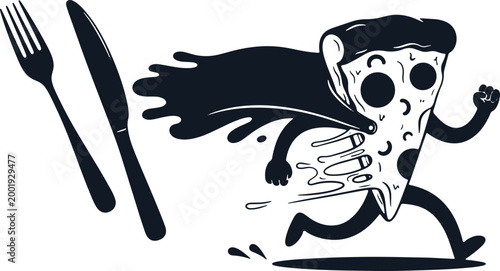 Running slice of pizza wearing a cape and fork and knife on grey background.