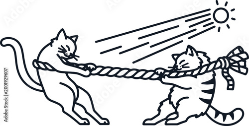 Two cats playing tug of war with rope under sun and rays on grey background.