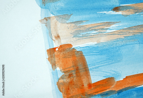 Abstract brush strokes in blue and orange, modern artistic background with dynamic paint texture and minimalist composition
