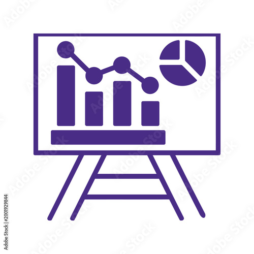 Purple business presentation board featuring bar chart and pie chart analysis icons on easel stand isolated on transparent area.
