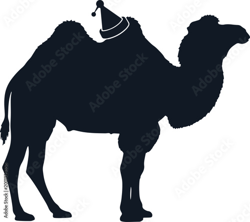 Camel wearing party hat, silhouette of desert animal with festive headwear, funny character.