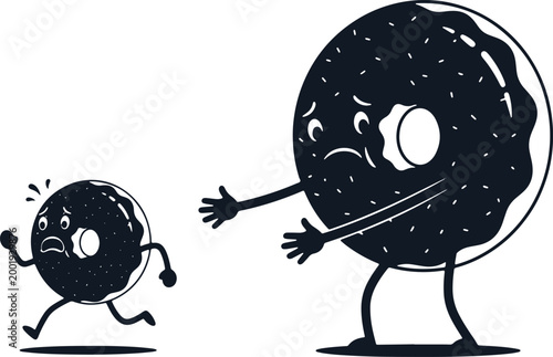 Running donut scared from big donut chasing it, funny food characters concept.