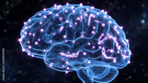 A stunning digital illustration depicts a translucent human brain illuminated with glowing pink nodes against a dark, starry background, symbolizing neural connections and cognitive processes.